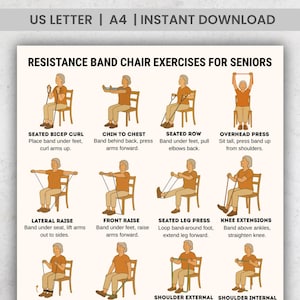 May include: A printable guide titled "RESISTANCE BAND CHAIR EXERCISES FOR SENIORS" with illustrations of exercises. The exercises include seated bicep curls, chin to chest, seated row, overhead press, lateral raise, front raise, seated leg press, and knee extensions.