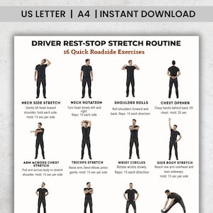 May include: A printable guide titled "DRIVER REST-STOP STRETCH ROUTINE" with 16 roadside exercises. The guide includes illustrations and instructions for stretches like neck side stretch, shoulder rolls, and arm across chest stretch. The text at the top says "US LETTER | A4 | INSTANT DOWNLOAD".