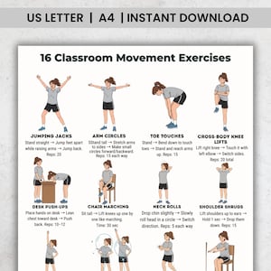 Könnte beinhalten: Ein druckbares Poster mit 16 Bewegungsübungen für den Klassenraum, darunter Hampelmänner und Armkreisen. Das Poster ist zum sofortigen Download verfügbar und enthält Illustrationen und Anweisungen.