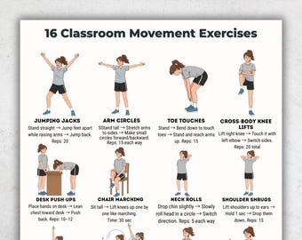 16 Classroom Movement Exercises Printable | Kids Exercise Poster A4 & US Letter | Classroom Activity Chart for Teachers