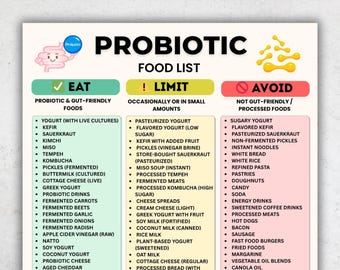 Probiotic Food List Printable | Fermented Foods Chart | Gut Friendly Prebiotic Foods | Low Inflammation Diet PDF