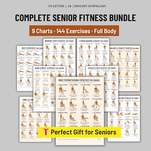 May include: A Complete Senior Fitness Bundle with 9 charts and 144 exercises. The bundle includes charts for bed exercises, chair exercises, and balance exercises. The text reads "Perfect Gift for Seniors."