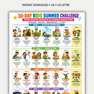 30-Day Kids Summer Challenge Printable - 30 Fun Summer Activities & Adventures for Children, Kids Summer Bucket List, Family Activity Chart