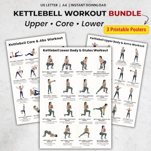 May include: A set of three printable posters detailing kettlebell workout routines. The posters cover upper body, core, lower body, and glutes exercises. Text includes "Kettlebell Workout Bundle" and exercise names, designed for A4 paper size.