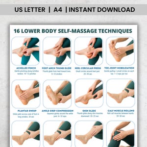 Puede incluir: Guía imprimible titulada "16 Técnicas de automasaje para la parte inferior del cuerpo" en tamaños US Letter y A4. La guía presenta ilustraciones que demuestran diversas técnicas de masaje para pies, tobillos y piernas.