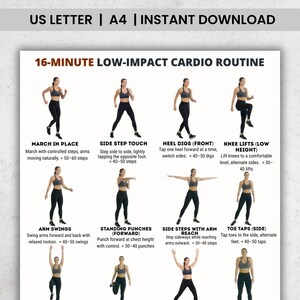 May include: An A4 fitness guide titled "16-MINUTE LOW-IMPACT CARDIO ROUTINE". It features illustrations of exercises like marching, side steps, heel digs, knee lifts, arm swings, punches, side steps with arm reach, and toe taps. Includes text instructions.