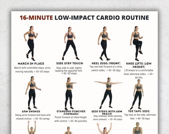 Könnte beinhalten: Fitness-Infografik mit dem Text "16-MINUTE LOW-IMPACT CARDIO ROUTINE" und Übungsillustrationen. Übungen umfassen Marschieren, Seitwärtsschritte, Fersentritte, Knieheben, Armschwingen, Standboxen, Seitwärtsschritte mit Armstrecken und Zehenspitzen.
