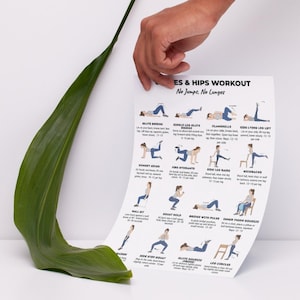 May include: A white printed workout guide titled "ES & HIPS WORKOUT" with illustrated exercises. The guide includes exercises like Glute Bridge, Single Leg Glute Bridge, and Clamshells. A large green leaf is in the foreground.
