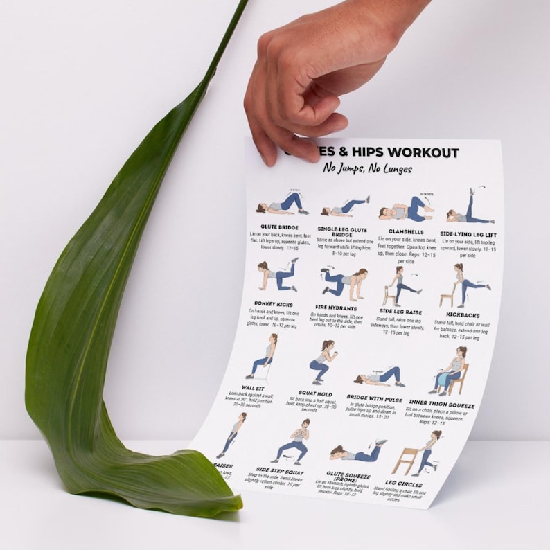 May include: A white printed workout guide titled "ES & HIPS WORKOUT" with illustrated exercises. The guide includes exercises like Glute Bridge, Single Leg Glute Bridge, and Clamshells. A large green leaf is in the foreground.