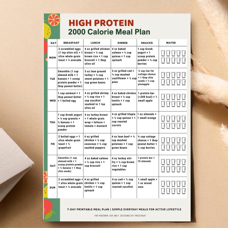 High Protein 2000 Calorie Meal Plan Printable | 7 Day Protein Meal Prep PDF