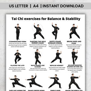 May include: A printable guide featuring Tai Chi exercises for balance and stability. The black and white illustrations depict various poses with descriptive text, including "Commencing Form" and "Parting the Wild Horse's Mane." The top of the image reads "US LETTER | A4 | INSTANT DOWNLOAD."