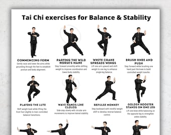 Tai Chi Übungen druckbares Poster PDF, Tai Chi Workout Chart, Gleichgewichtsübungen zu Hause, Tai Chi für Anfänger