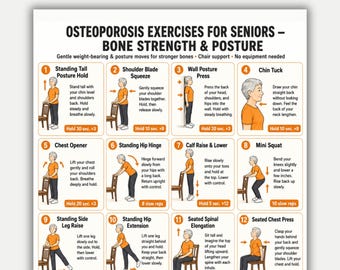 May include: A digital instructional chart titled Osteoporosis Exercises for Seniors - Bone Strength & Posture. It features sixteen numbered illustrations of a person in an orange shirt performing various movements with text instructions for each.