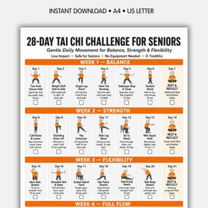May include: A 28-day Tai Chi challenge chart for seniors featuring a grid of daily exercises for balance, strength, and flexibility. The document includes illustrations of movements, instructional text, and checkboxes for tracking progress over four weeks.