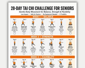 28-daagse tai chi-uitdaging voor senioren Afdrukbare pdf: programma Gentle Daily Balance, kracht- en flexibiliteitsprogramma, fitnesstracker voor senioren
