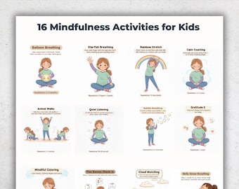 16 actividades de mindfulness para niños (imprimibles) / Ejercicios de mindfulness para niños / Hoja de actividades para la calma infantil / Actividades de concentración y atención