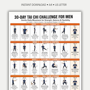 Könnte beinhalten: Ein 30-Tage-Tai-Chi-Challenge-Plan mit täglichen Übungsillustrationen, Anleitungen und Kontrollkästchen, unterteilt in vier Wochenabschnitte. Das Dokument enthält den Titel 30-DAY TAI CHI CHALLENGE FOR MEN und den Hinweis auf einen sofortigen Download für A4 und US Letter.