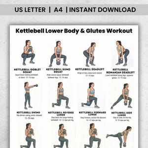 May include: A workout guide titled "Kettlebell Lower Body & Glutes Workout" with illustrations of exercises. Includes goblet squats, sumo squats, deadlifts, Romanian deadlifts, swings, reverse lunges, forward lunges, and side lunges.