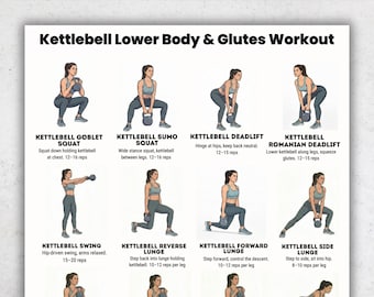 Puede incluir: Una guía de ejercicios titulada "Kettlebell Lower Body & Glutes Workout" con ilustraciones de ejercicios. Incluye sentadillas goblet, sentadillas sumo, peso muerto, peso muerto rumano, swings, zancadas inversas, zancadas frontales y zancadas laterales.