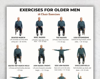 May include: A printable exercise guide titled "EXERCISES FOR OLDER MEN" with 16 chair exercises. The guide includes illustrations and instructions for each exercise, such as Seated March, Heel Raises, and Toe Raises. The document is available for instant download.