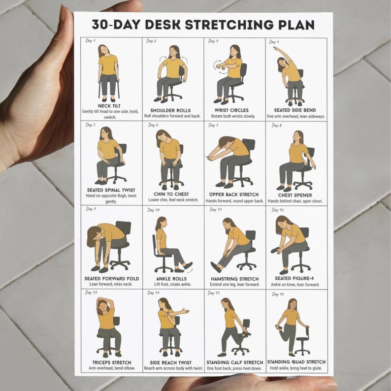 30 Day Desk Stretching Plan, Office Chair Exercises, Gentle Seated