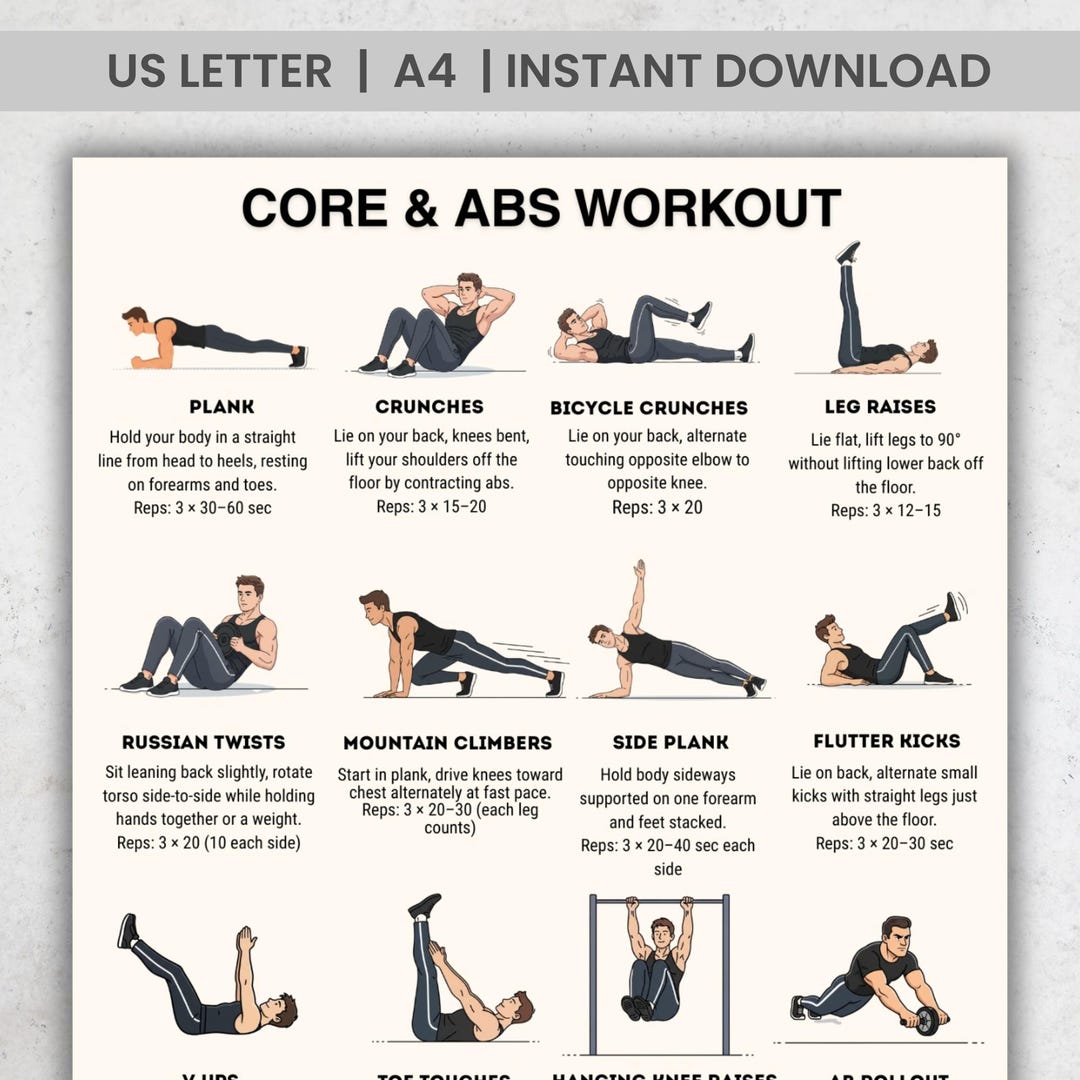 Core Abs Workout For Men Printable 16 Exercises Fitness Chart Ab 
