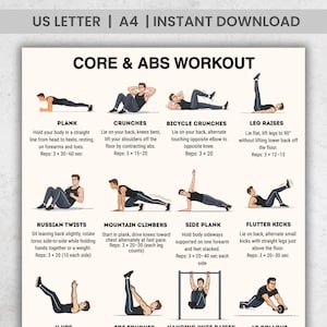 Utskrivbar magträning för män | Fitnessdiagram med 16 övningar | Magträningsaffisch | Väggkonst för hemmagym | Digital nedladdning av fitnessguide