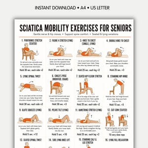 May include: A white printed sheet with instructions for sciatica mobility exercises for seniors. The sheet includes illustrations and text describing various stretches and exercises, such as the Piriformis stretch and the Knee to Chest stretch.