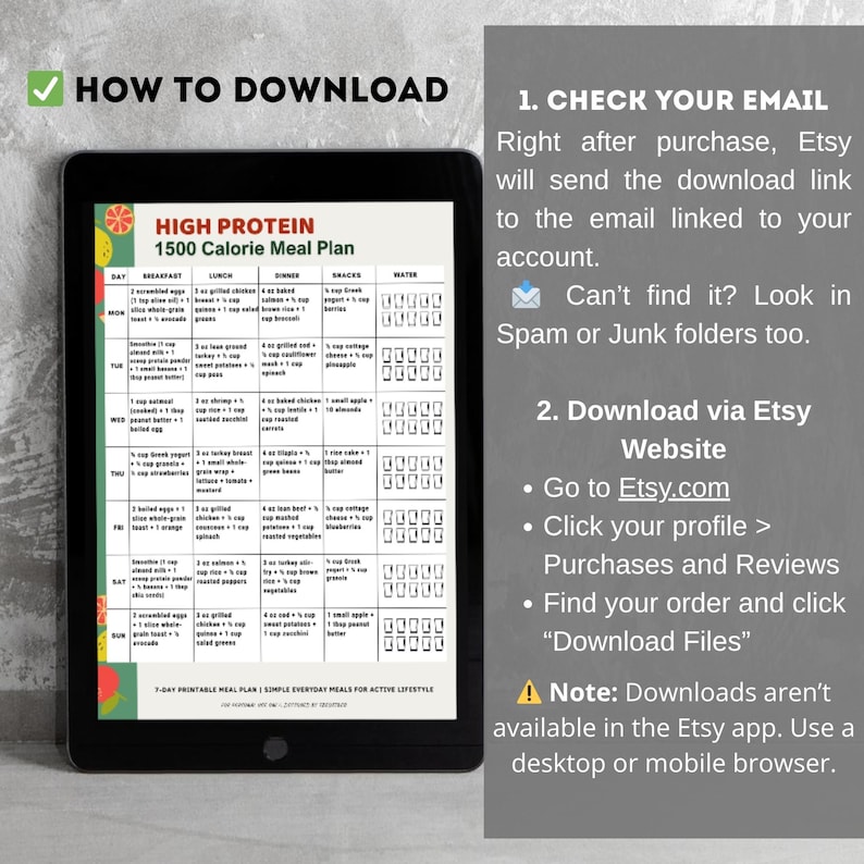 High Protein 1500 Calorie Meal Plan Printable | 7 Day Protein Meal Prep PDF