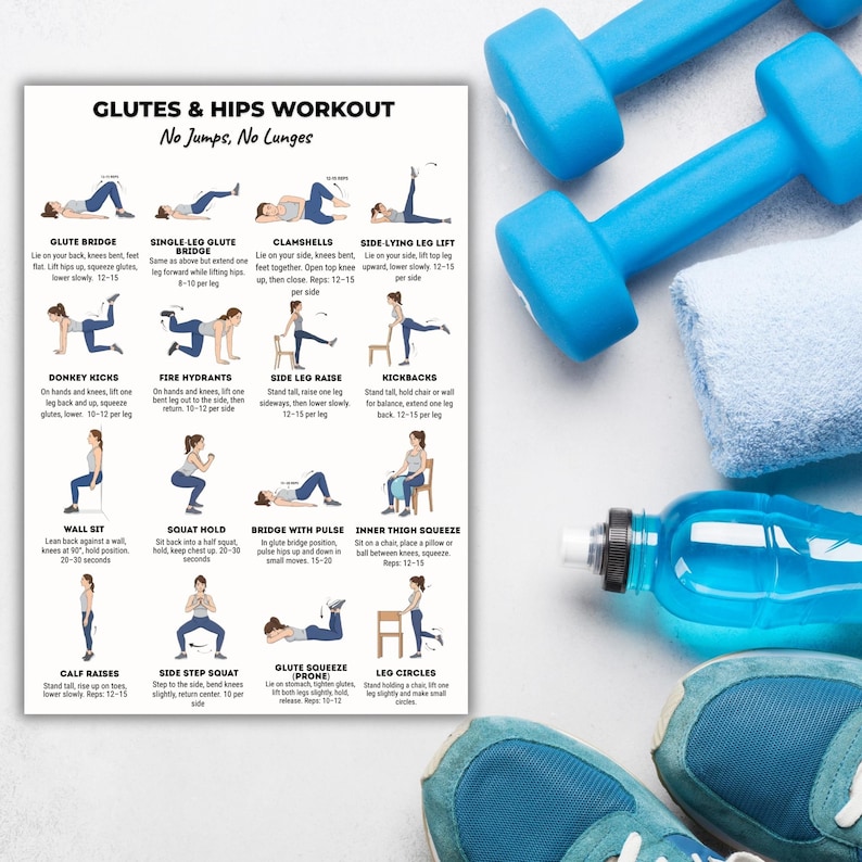 May include: A workout guide titled "Glutes & Hips Workout" with illustrations of various exercises. Includes blue dumbbells, a water bottle, a towel, and blue athletic shoes. The exercises are designed with no jumps or lunges.