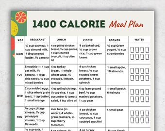 May include: A printable 1400-calorie meal plan with daily breakfast, lunch, dinner, and snack suggestions. The plan includes a variety of foods, such as oatmeal, chicken, fish, and vegetables. The document is labeled "US LETTER | A4 | INSTANT DOWNLOAD".
