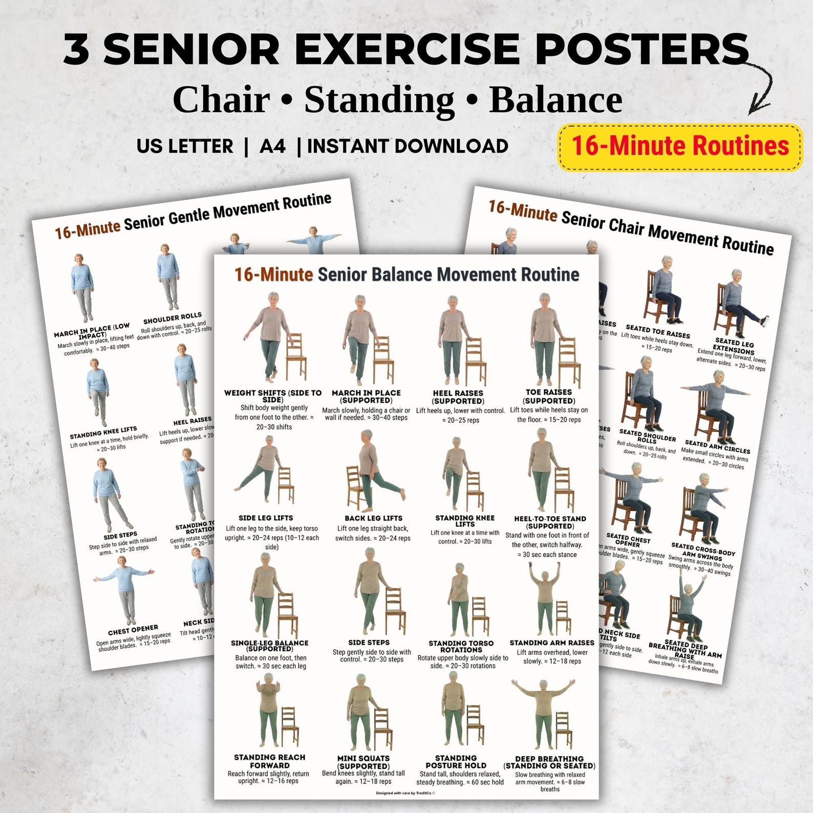Senior Exercise Poster Bundle, Standing Chair Balance Exercises for ...