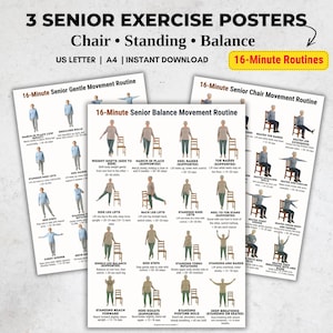 May include: Three senior exercise posters with routines for chair, standing, and balance exercises. The posters include illustrations of exercises with instructions. The text includes "16-Minute Routines" and "Instant Download".