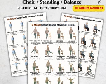 Senior Exercise Poster Bundle, Standing Chair Balance Exercises for Seniors, 3 Printable Exercise Posters, 16 Minute Routines
