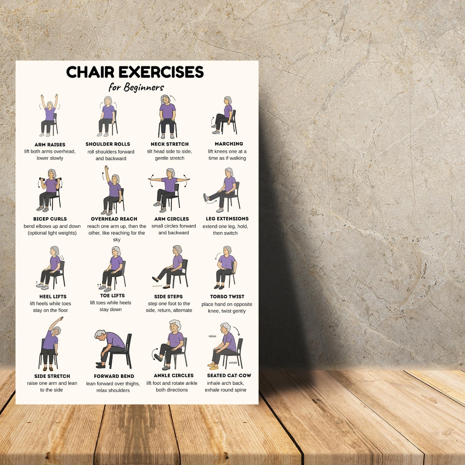 Chair Exercises for Beginners 16 Moves, Seated Exercise Plan PDF ...