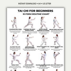 May include: A white poster titled "TAI CHI FOR BEGINNERS" with a 16-form routine chart. The chart features illustrations of Tai Chi poses with descriptive text. The poster includes the text "INSTANT DOWNLOAD • A4 • US LETTER".