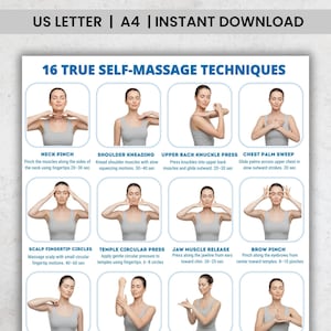 Könnte beinhalten: Ein weißes Dokument mit dem Text "US LETTER | A4 | INSTANT DOWNLOAD" oben. Darunter steht "16 TRUE SELF-MASSAGE TECHNIQUES" mit Illustrationen und Beschreibungen von Massagetechniken, einschließlich Nackenzupfen und Schulterkneten.