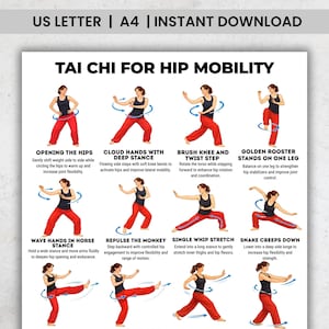 Könnte beinhalten: Ein druckbarer Tai-Chi-Leitfaden für die Hüftmobilität. Das Poster zeigt eine Reihe von illustrierten Posen mit Anweisungen. Oben auf dem Poster steht "US LETTER | A4 | INSTANT DOWNLOAD" und "TAI CHI FOR HIP MOBILITY".