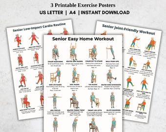 Senior Workout Bundle Printable | 3 Low-Impact Exercise Posters for Seniors | Easy Home Workout + Cardio + Joint-Friendly | A4 & US Letter