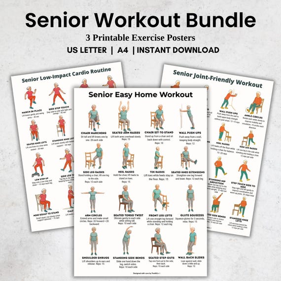 Senior Workout Bundle Printable | 3 Low-Impact Exercise Posters for Seniors | Easy Home Workout + Cardio + Joint-Friendly | A4 & US Letter