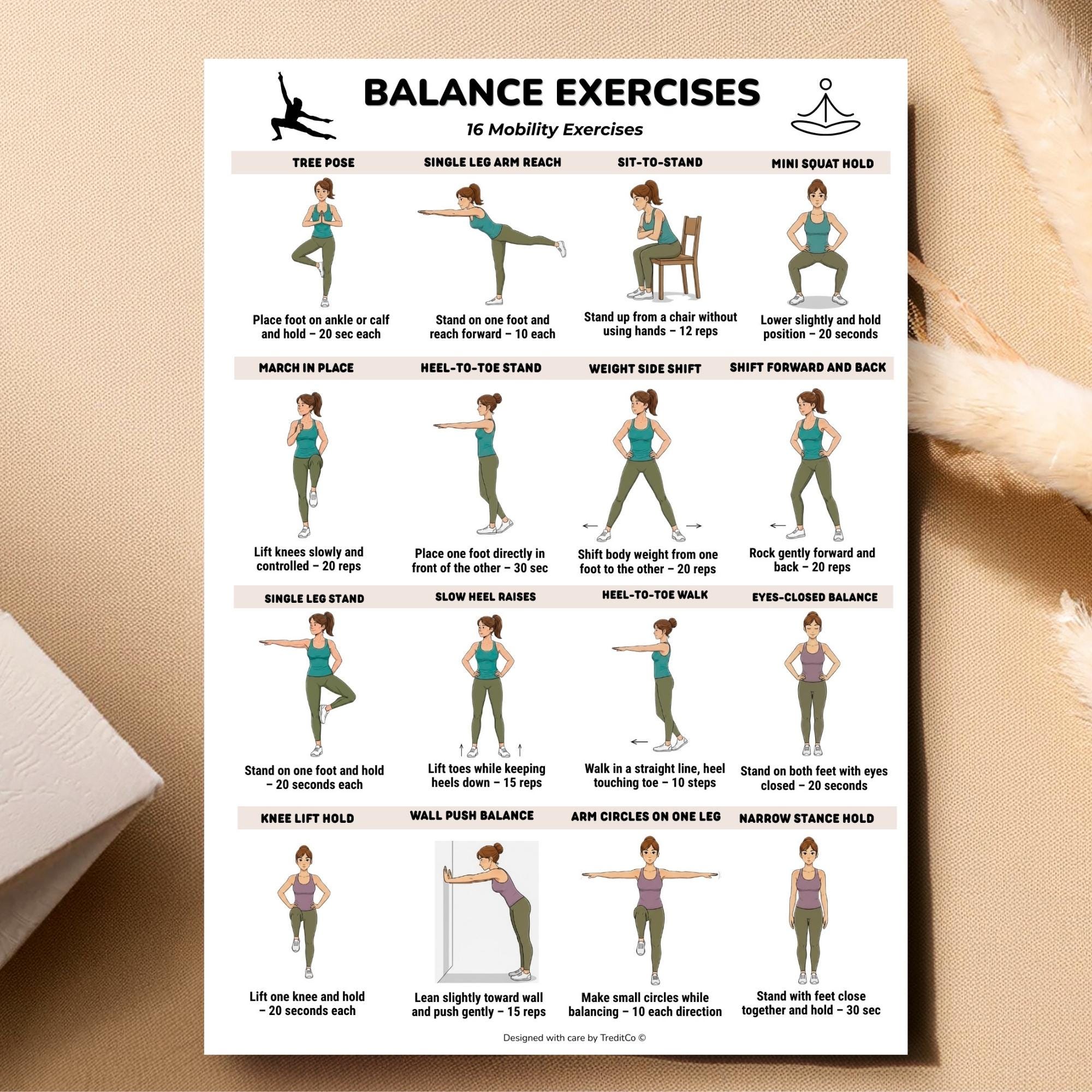 Balance Exercises Printable Chart, Balance Training Workout Poster ...