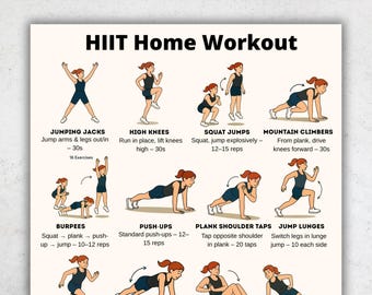 HIIT Home Workout Printable | 16 Bodyweight Exercises PDF | At Home Fitness Chart No Equipment Training Plan