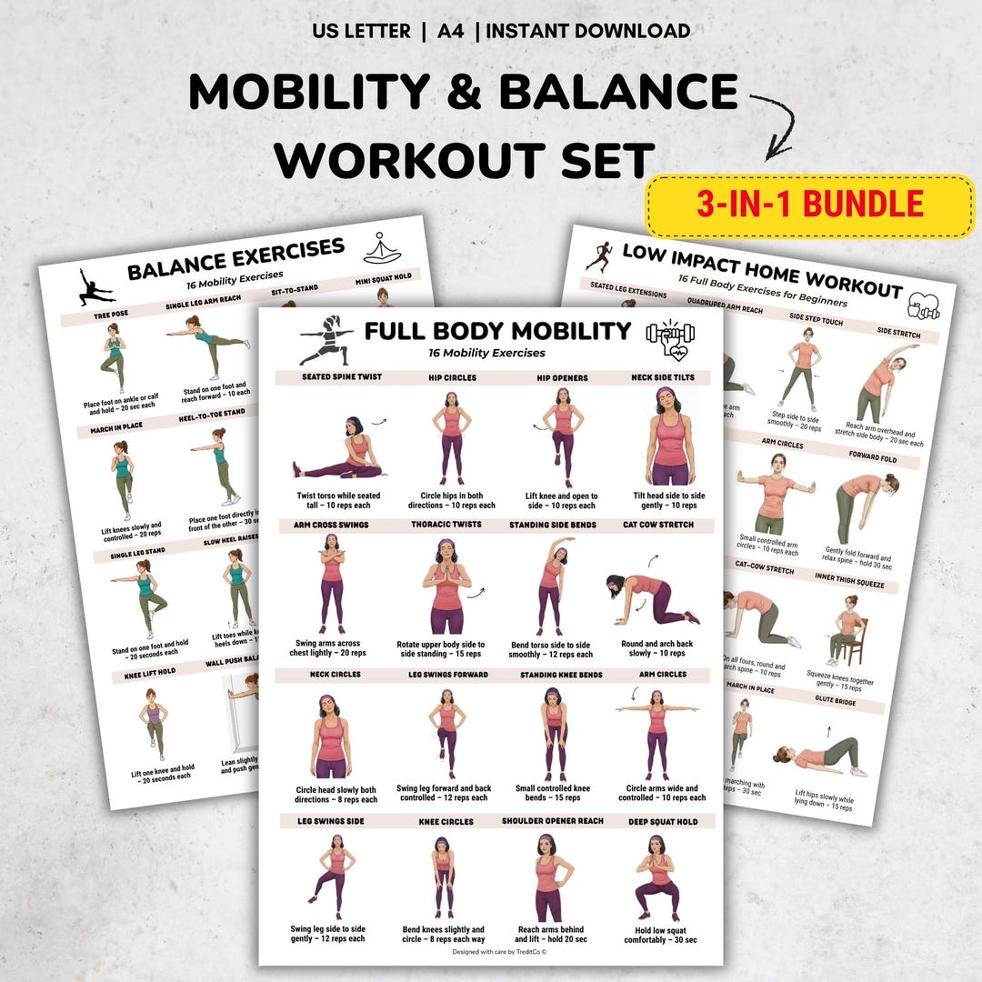 Mobility and Balance Workout Poster Set Printable, Low Impact Exercise ...