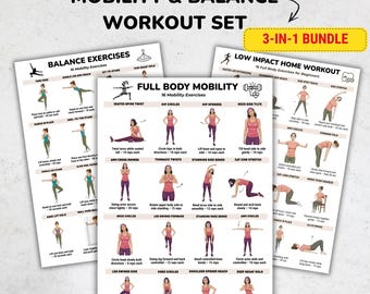 Mobility and Balance Workout Poster Set Printable, Low Impact Exercise Bundle, Full Body Mobility Chart, Beginner Home Workout Posters