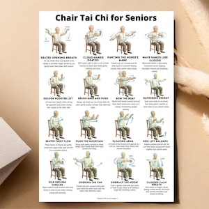 Printable Chair Tai Chi for Seniors poster showing seated Tai Chi exercises performed on a chair. The chart includes illustrated step-by-step movements such as Seated Opening Breath, Cloud Hands, Golden Rooster Lift, Seated Twist Flow, Floating Arms, Heel Lift Balance and Closing Calm Breath. Designed as a gentle seated balance and breathing routine for senior home practice in printable PDF format.