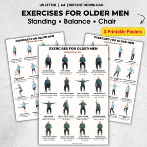 May include: Three printable posters detailing exercises for older adults. The posters are titled "Exercises for Older Men" and cover standing, balance, and chair exercises. Each poster displays various exercises with illustrations and instructions.