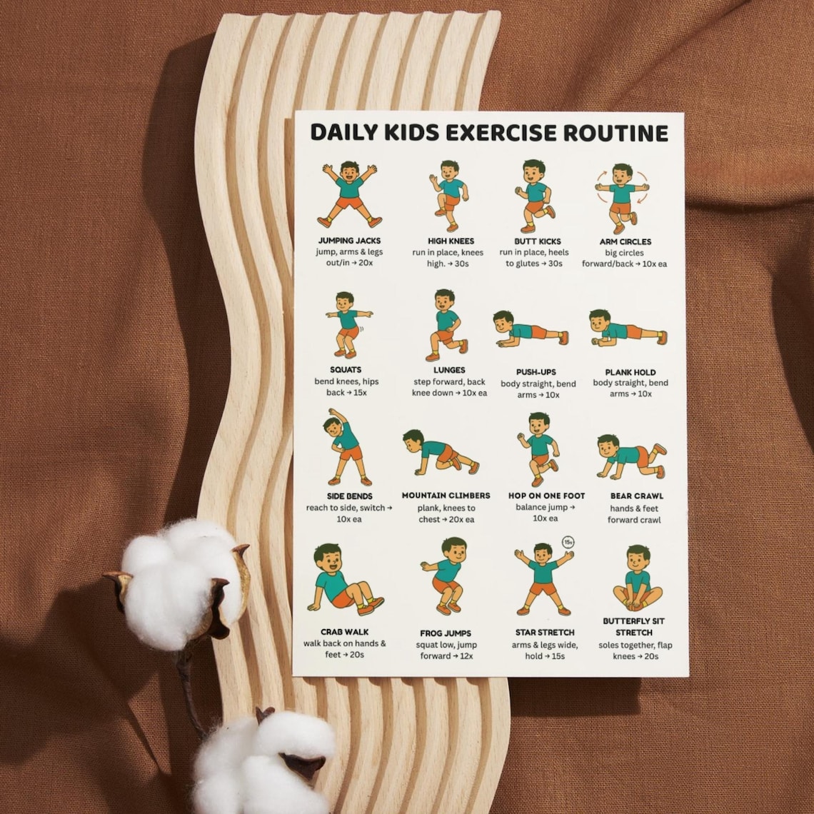 Kids Exercise Chart Printable – 16 Daily Workout Moves Poster | Kids ...