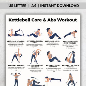 May include: A white printable featuring a kettlebell core and abs workout. The image includes illustrations of exercises such as the kettlebell dead bug, Russian twist, sit-up, plank pull-through, windmill, standing side bend, seated core hold, and toe touch crunch.