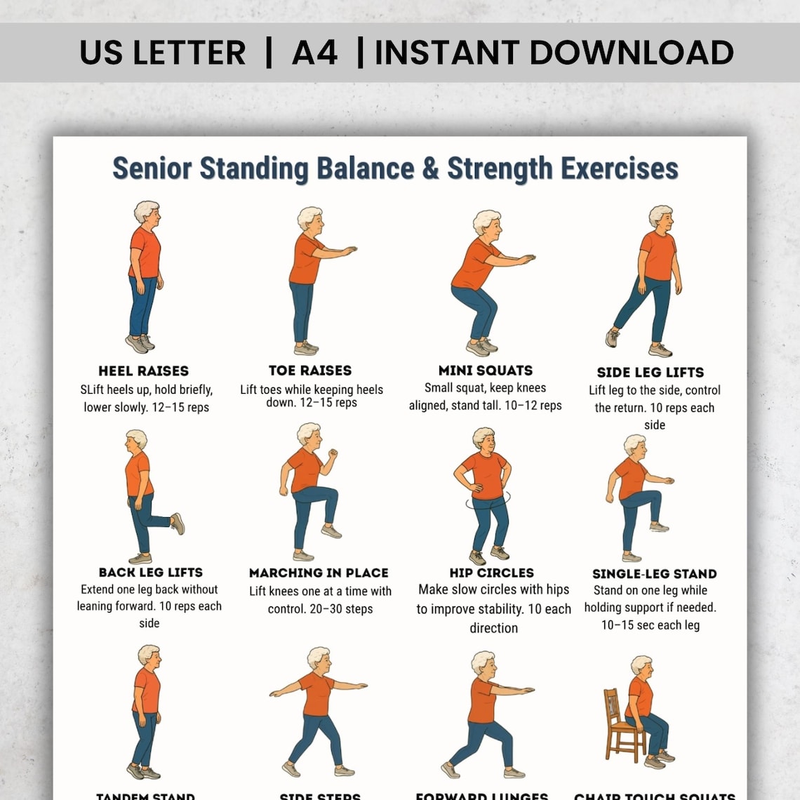 Senior Standing Exercise Chart, Balance & Strength Exercises for ...