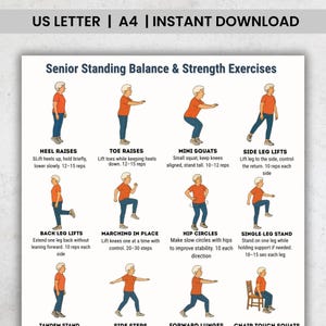 May include: A printable A4 exercise guide for seniors, illustrating standing balance and strength exercises. The guide includes exercises such as heel raises, toe raises, mini squats, and side leg lifts, with instructions and rep counts.